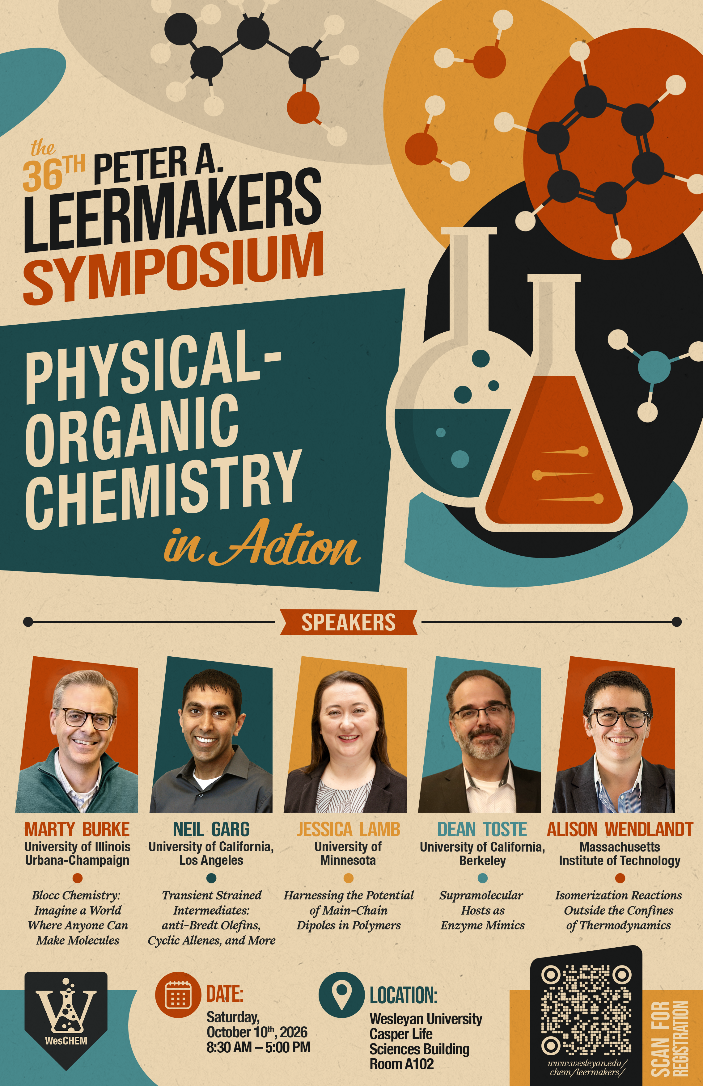 Symposium Poster- 10/10/26, speaker headshots for Marty Burke, Neil Garg, Jessica Lamb, Dean Toste, Alison Wendlandt